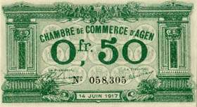 Billet de la Chambre de Commerce d'Agen - 50 centimes - 14 juin 1917 - date au recto seul