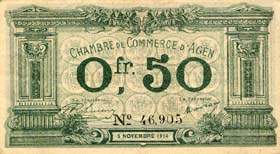 Billet de la Chambre de Commerce d'Agen - 50 centimes - 5 novembre 1914 - sans filigrane