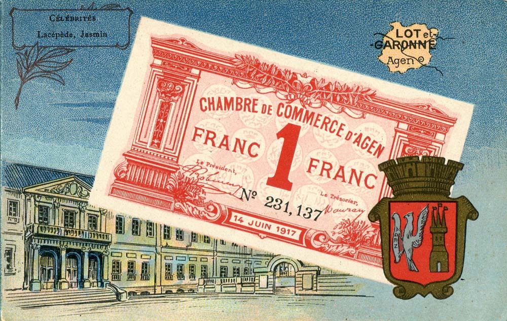 Carte postale représentant un billet de 1 franc du 14 juin 1917 n° 231,137 de la Chambre de Commerce d'Agen