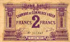 Billet de la Chambre de Commerce d'Agen - 2 francs - 14 juin 1917 - date sur les 2 faces
