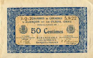 Billet des Chambres de Commerce d'Alençon et de Flers - 50 centimes - délibération du 10 août 1915 - remboursement avant le 31 décembre 1920 - série 2-Q-2