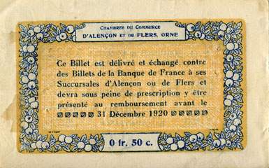 Billet des Chambres de Commerce d'Alençon et de Flers - 50 centimes - délibération du 10 août 1915 - remboursement avant le 31 décembre 1920 - série 2-Q-2