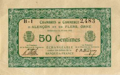 Billet des Chambres de Commerce d'Alenon et de Flers - 50 centimes - dlibration du 10 aot 1915 - remboursement avant le 31 dcembre 1917 - srie B-1 - n 2,483