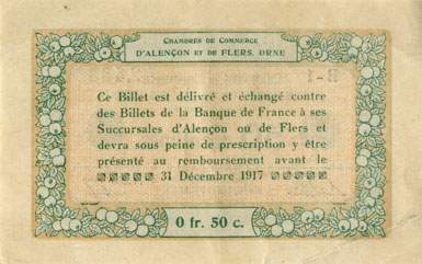 Billet des Chambres de Commerce d'Alenon et de Flers - 50 centimes - dlibration du 10 aot 1915 - remboursement avant le 31 dcembre 1917 - srie B-1 - n 2,483
