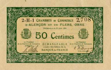 Billet des Chambres de Commerce d'Alenon et de Flers - 50 centimes - dlibration du 10 aot 1915 - remboursement avant le 31 dcembre 1920 - srie 2-H-1 - n 2,708