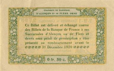 Billet des Chambres de Commerce d'Alenon et de Flers - 50 centimes - dlibration du 10 aot 1915 - remboursement avant le 31 dcembre 1920 - srie 2-H-1 - n 2,708