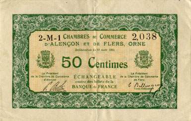 Billet des Chambres de Commerce d'Alençon et de Flers - 50 centimes - délibération du 10 août 1915 - remboursement avant le 31 décembre 1920 - série 2-M-1
