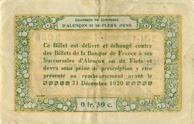 Billet des Chambres de Commerce d'Alenon et de Flers - 50 centimes - dlibration du 10 aot 1915 - remboursement avant le 31 dcembre 1920 - srie 2-M-1