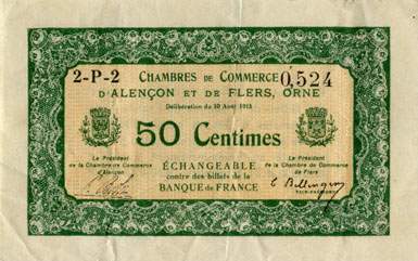 Billet des Chambres de Commerce d'Alençon et de Flers - 50 centimes - délibération du 10 août 1915 - remboursement avant le 31 décembre 1920 - série 2-P-2