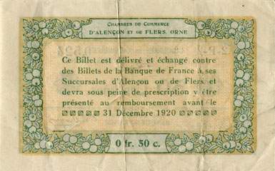 Billet des Chambres de Commerce d'Alenon et de Flers - 50 centimes - dlibration du 10 aot 1915 - remboursement avant le 31 dcembre 1920 - srie 2-P-2