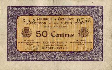 Billet des Chambres de Commerce d'Alençon et de Flers - 50 centimes - délibération du 10 août 1915 - remboursement avant le 31 décembre 1923 - série 3-A-2