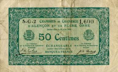 Billet des Chambres de Commerce d'Alençon et de Flers - 50 centimes - délibération du 10 août 1915 - remboursement avant le 31 décembre 1923 - série 5-G-2