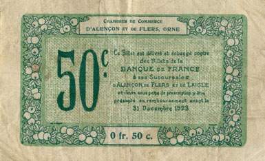 Billet des Chambres de Commerce d'Alenon et de Flers - 50 centimes - dlibration du 10 aot 1915 - remboursement avant le 31 dcembre 1923 - srie 5-G-2
