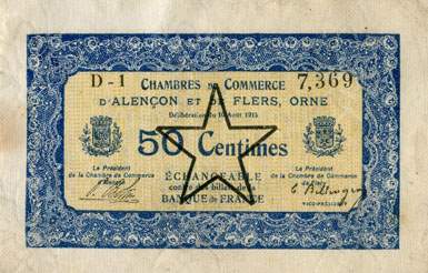Billet des Chambres de Commerce d'Alençon et de Flers - 50 centimes - délibération du 10 août 1915 - remboursement avant le 31 décembre 1922 - série D-1