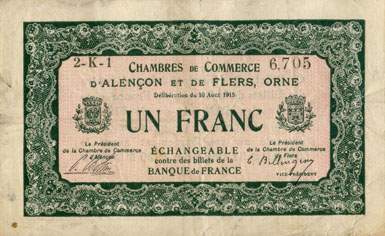 Billet des Chambres de Commerce d'Alençon et de Flers - 1 franc - délibération du 10 août 1915 - remboursement avant le 31 décembre 1920 - série 2-K-1