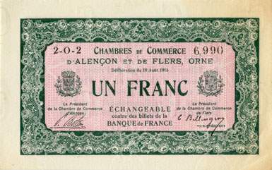 Billet des Chambres de Commerce d'Alenon et de Flers - 1 franc - dlibration du 10 aot 1915 - remboursement avant le 31 dcembre 1920 - srie 2-O-2