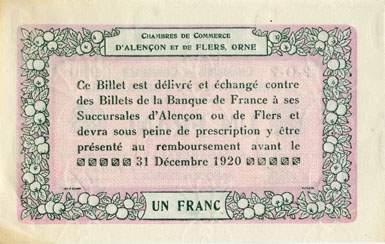 Billet des Chambres de Commerce d'Alençon et de Flers - 1 franc - délibération du 10 août 1915 - remboursement avant le 31 décembre 1920