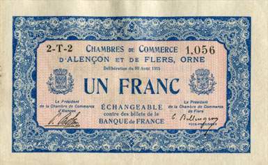 Billet des Chambres de Commerce d'Alençon et de Flers - 1 franc - délibération du 10 août 1915 - remboursement avant le 31 décembre 1920 - série 2-T-2