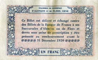 Billet des Chambres de Commerce d'Alenon et de Flers - 1 franc - dlibration du 10 aot 1915 - remboursement avant le 31 dcembre 1920 - srie 2-TO-2