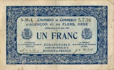 Billet des Chambres de Commerce d'Alenon et de Flers - 1 franc - dlibration du 10 aot 1915 - remboursement avant le 31 dcembre 1923 - srie 5-M-1
