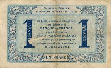 Billet des Chambres de Commerce d'Alençon et de Flers - 1 franc - délibération du 10 août 1915 - remboursement avant le 31 décembre 1923 - série 5-M-1