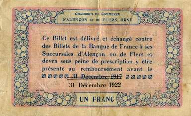 Billet des Chambres de Commerce d'Alençon et de Flers - 1 franc - délibération du 10 août 1915 - remboursement avant le 31 décembre 1922 - série L-2
