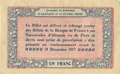 Billet des Chambres de Commerce d'Alençon et de Flers - 1 franc - délibération du 10 août 1915 - remboursement avant le 31 décembre 1917 - série P-1 - numéro 3,358