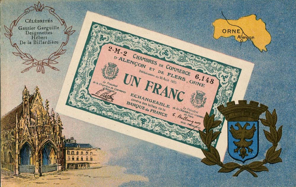 Carte postale représentant un billet de > franc des Chambres de Commerce d'Alençon et de Flers - délibération du 10 août 1915 - n° 6,148