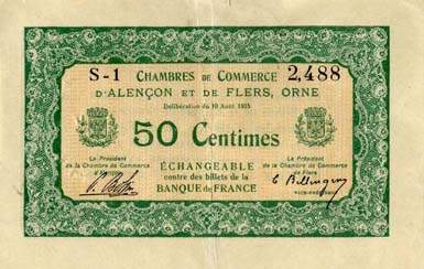 Billet des Chambres de Commerce d'Alençon et de Flers - 50 centimes - délibération du 10 août 1915 - remboursement avant le 31 décembre 1917