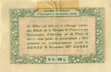 Billet des Chambres de Commerce d'Alençon et de Flers - 50 centimes - délibération du 10 août 1915 - remboursement avant le 31 décembre 1917