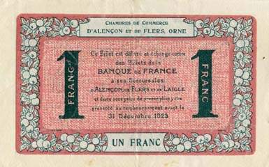 Billet des Chambres de Commerce d'Alençon et de Flers - 1 franc - délibération du 10 août 1915 - remboursement avant le 31 décembre 1923 - série 4-U-2