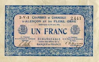 Billet des Chambres de Commerce d'Alençon et de Flers - 1 franc - délibération du 10 août 1915 - remboursement avant le 31 décembre 1920 - série 2-V-1