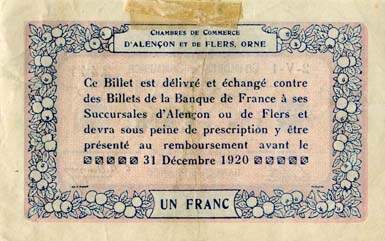 Billet des Chambres de Commerce d'Alenon et de Flers - 1 franc - dlibration du 10 aot 1915 - remboursement avant le 31 dcembre 1920 - srie 2-V-1