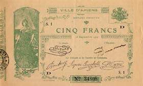 Billet de la Chambre de Commerce d'Amiens - 5 francs - Banque Duvette