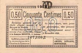 Billet de la Chambre de Commerce d'Amiens - 50 centimes 1915 - inscription au dos sur 3 lignes et signature du Président Patte