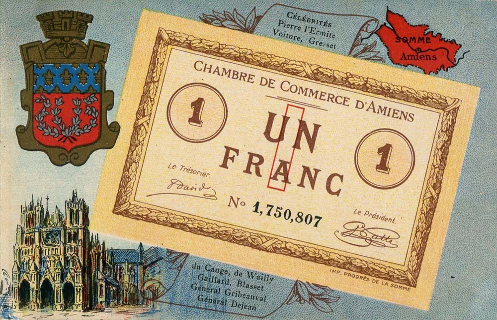 Carte postale représentant un billet de 1 franc n° 1,750,807 de la Chambre de Commerce d'Amiens