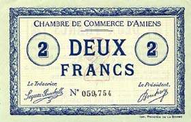 Billet de la Chambre de Commerce d'Amiens - 2 francs 1915 inscription au dos sur 2 lignes et AMD en noir