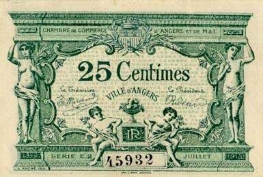 Billet de la Chambre de Commerce d'Angers - 25 centimes - remboursement avant le 31 d�cembre 1920 - s�rie E.2