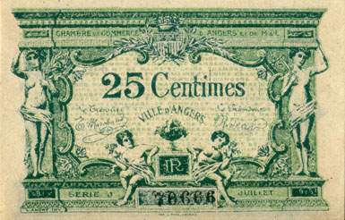 Billet de la Chambre de Commerce d'Angers - 25 centimes - remboursement avant le 31 juillet 1920 - s�rie J