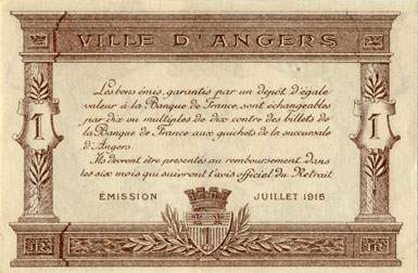 Billet de la Chambre de Commerce d'Angers - 1 franc - s�rie J 4 - n� 29377 - sans date de remboursement