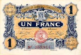 Billet de la Chambre de Commerce d'Angoulême - 1 franc - délibération du 14 janvier 1920 - 6ème série - avec tampon rouge au dos