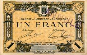 Billet de la Chambre de Commerce d'Angoulême - 1 franc - émission du 15 janvier 1915 - 1ère série - spécimen annulé