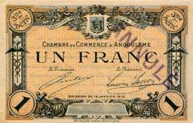 Billet de la Chambre de Commerce d'Angoulême - 1 franc - émission du 15 janvier 1915 - 3ème série - spécimen annulé