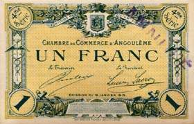 Billet de la Chambre de Commerce d'Angoulme - 1 franc - 4me srie avec texte au verso avec guillemets - spcimen annul
