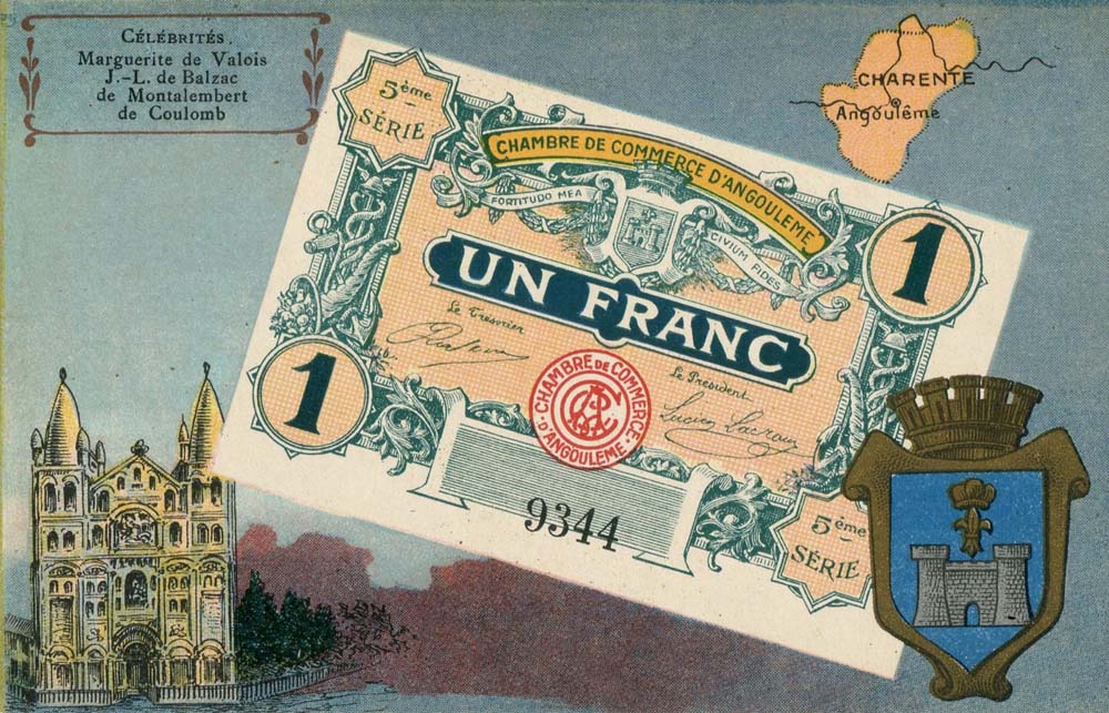 Carte postale reprsentant un billet de 1 franc 5me srie n 9344 de la Chambre de Commerce d'Angoulme