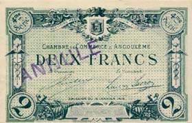 Billet de la Chambre de Commerce d'Angoulême - 2 francs - 4ème série avec texte au verso avec guillemets - spécimen annulé