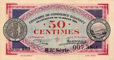 Billet de la Chambre de Commerce d'Annecy - 50 centimes - délibération du 10 janvier 1920