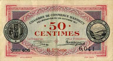 Billet de la Chambre de Commerce d'Annecy - 50 centimes - délibération du 24 octobre 1917 - R.2e série - série 406 - n° 6,041