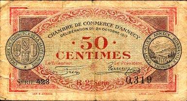 Billet de la Chambre de Commerce d'Annecy - 50 centimes - délibération du 24 octobre 1917 - R.2e série - série 423 - n° 0,319
