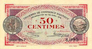 Billet de la Chambre de Commerce d'Annecy - 50 centimes - délibération du 26 avril 1916